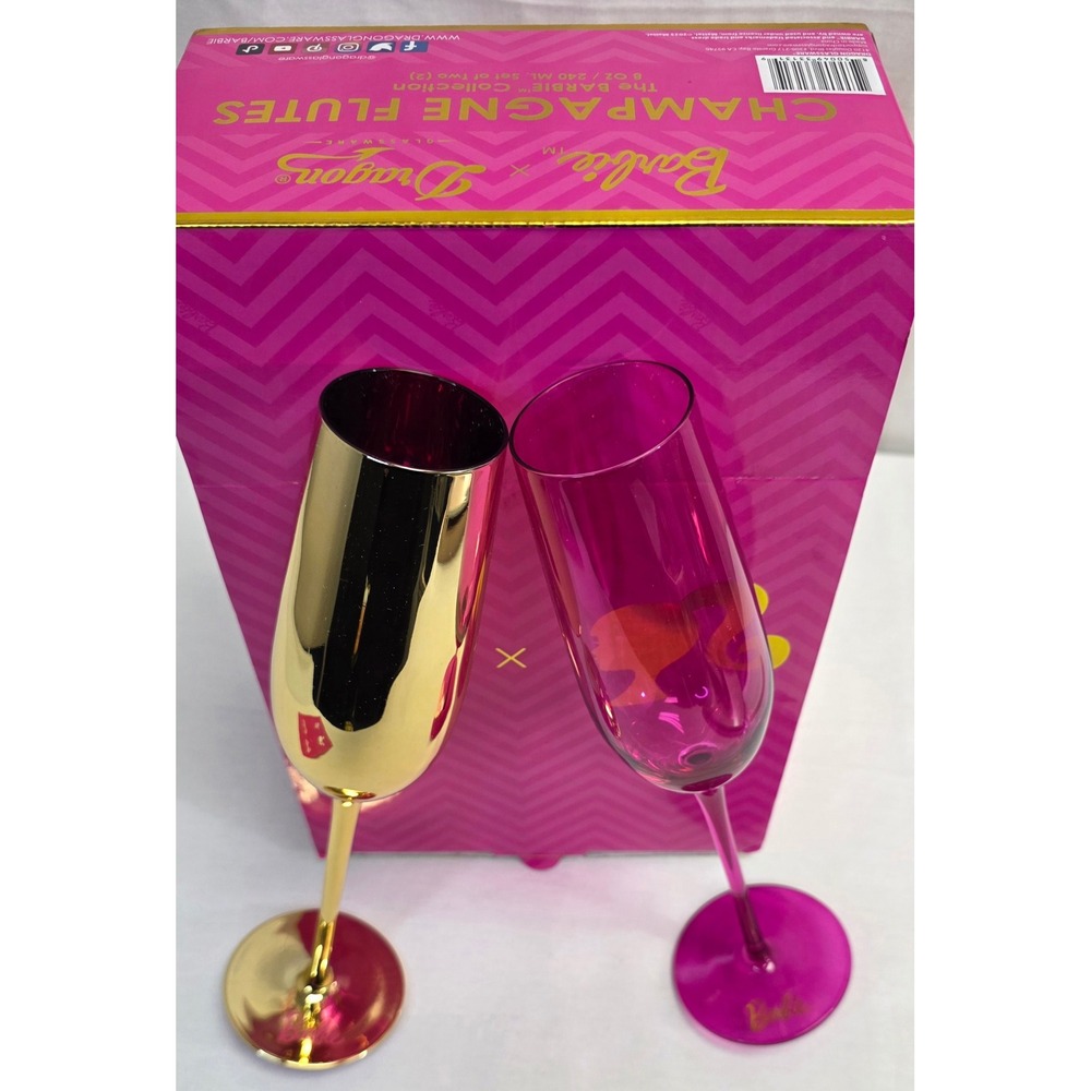 Barbie x Dragon Glassware Champagne Flutes Set of 2 Gold and Pink LimitedEdition - Picture 9 of 16